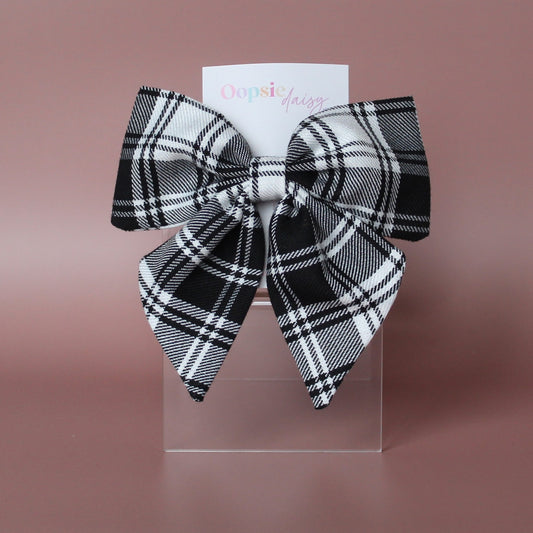 Black and white monochrome plaid tartan hair bow