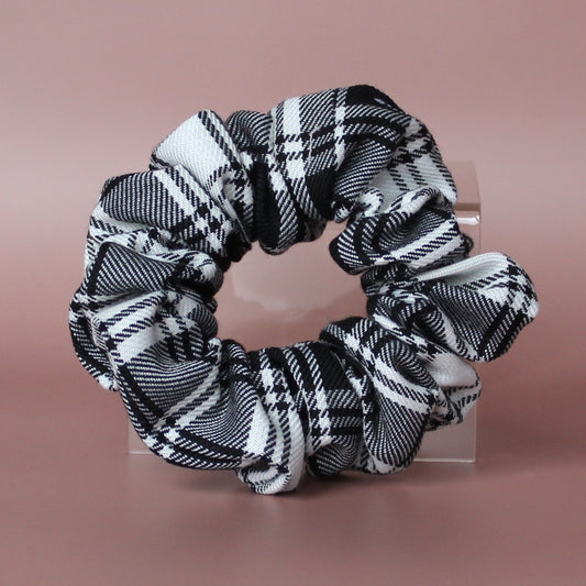 Black and white monochrome tartan scrunchie