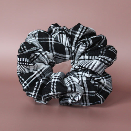 Oversized black and white monochrome plaid tartan scrunchie