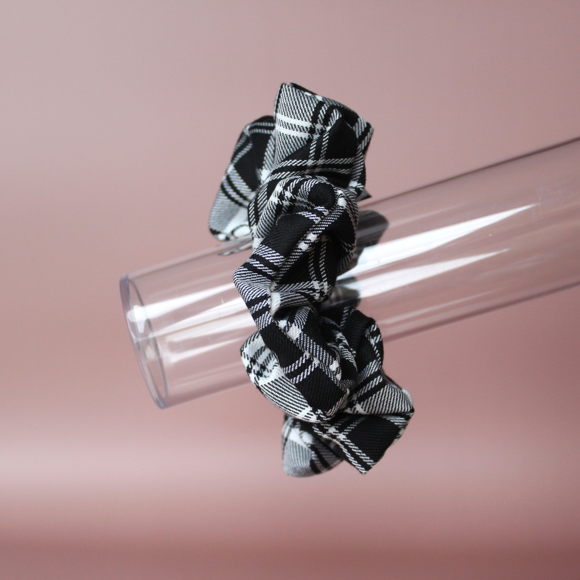 Oversized black and white monochrome plaid tartan scrunchie