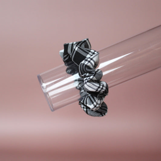 Black and white monochrome tartan scrunchie