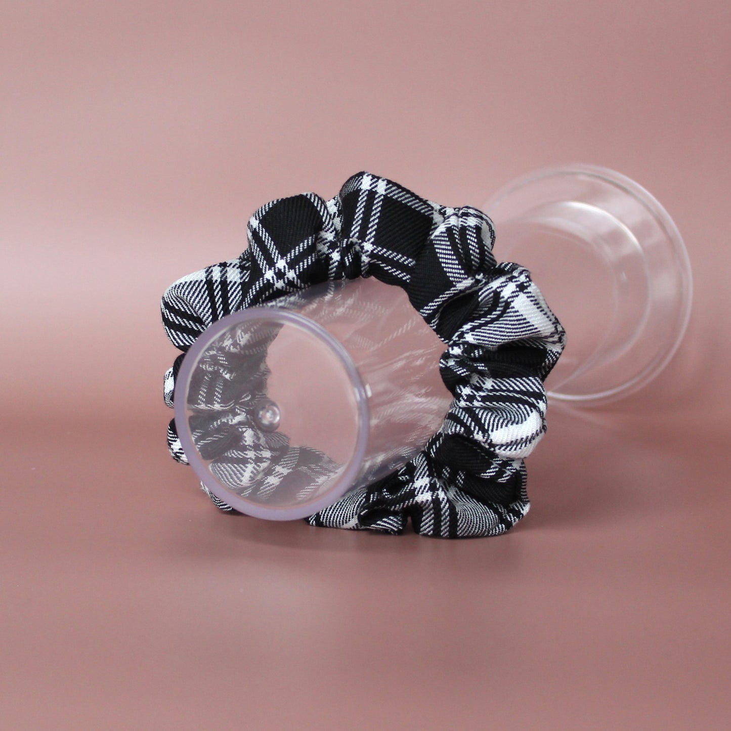 Black and white monochrome tartan scrunchie