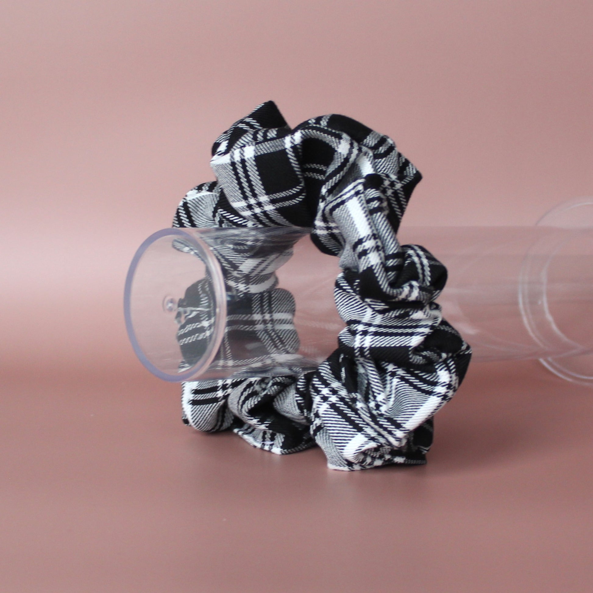 Oversized black and white monochrome plaid tartan scrunchie