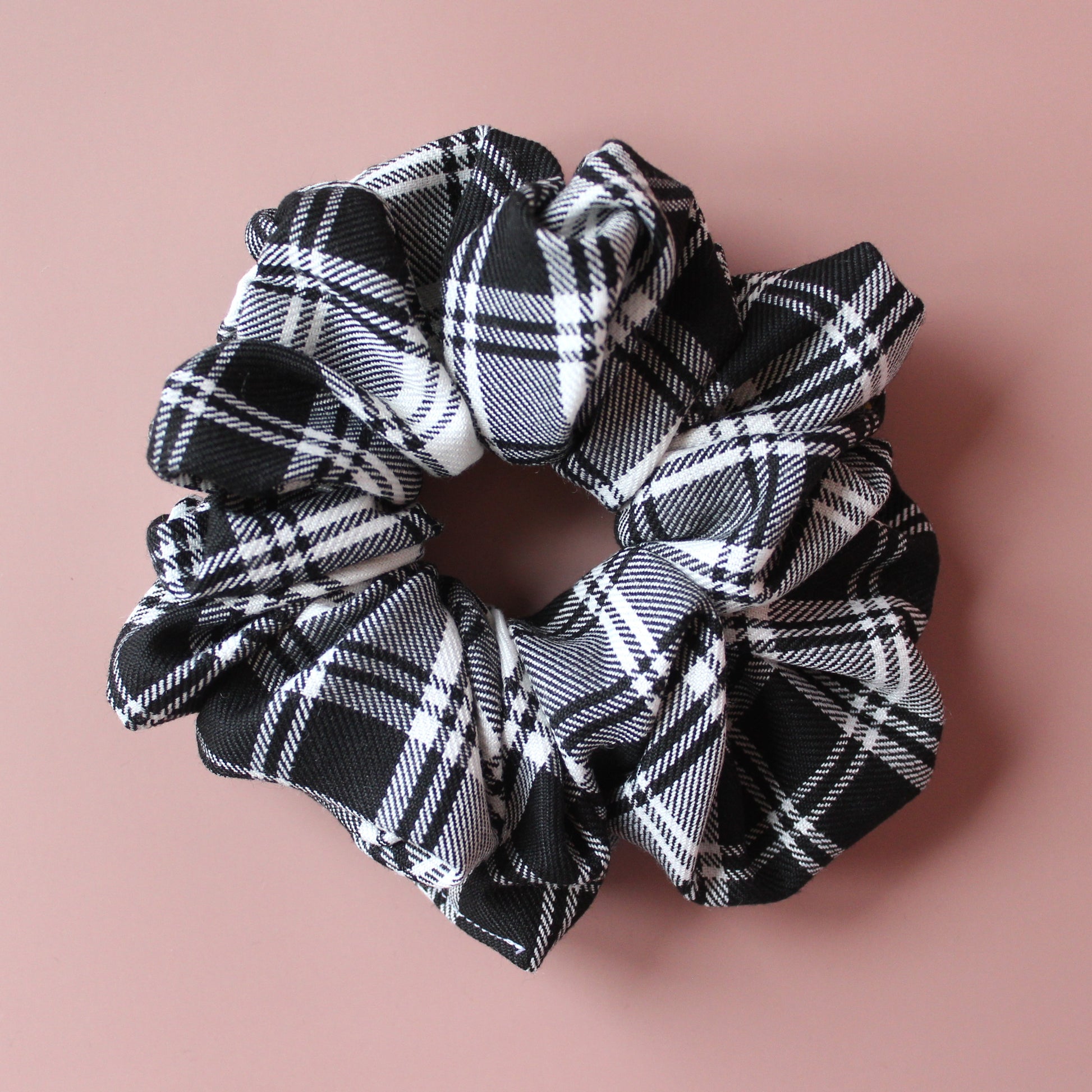 Oversized black and white monochrome plaid tartan scrunchie