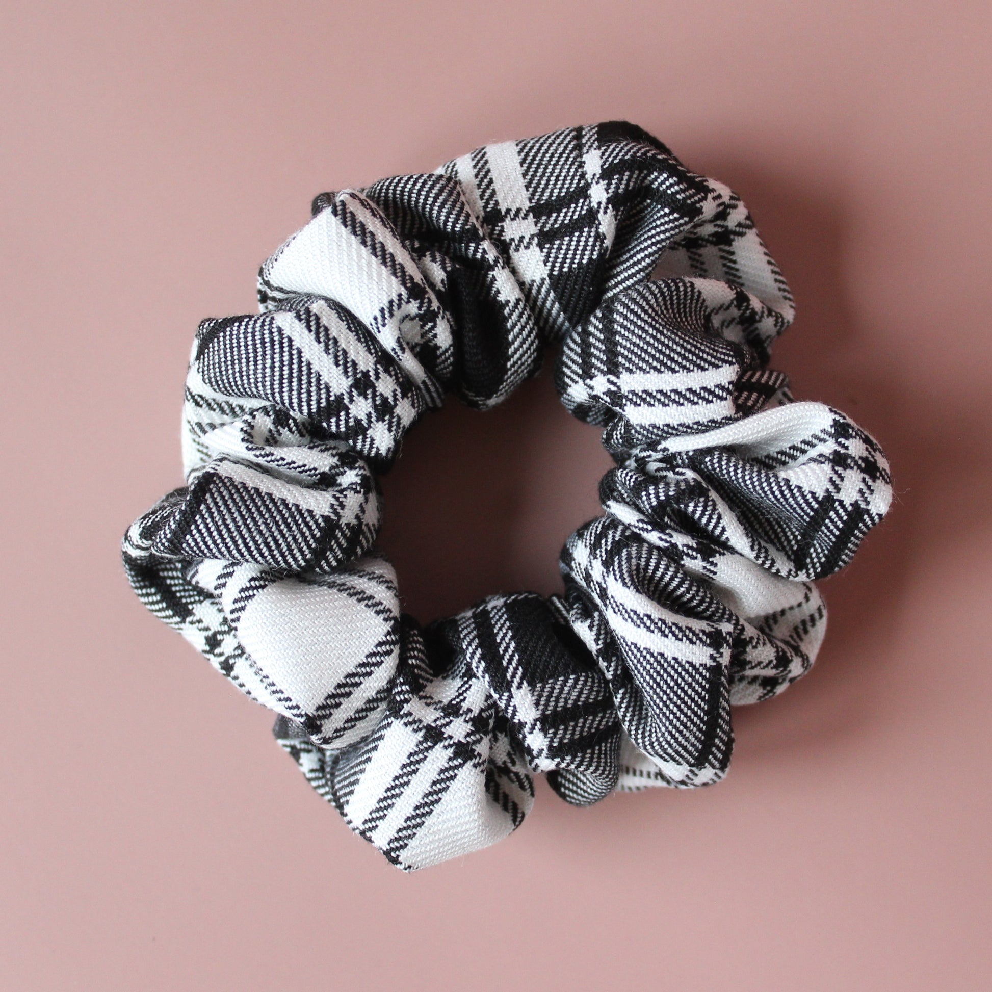 Black and white monochrome tartan scrunchie
