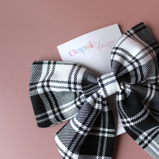 Black and white monochrome plaid tartan hair bow