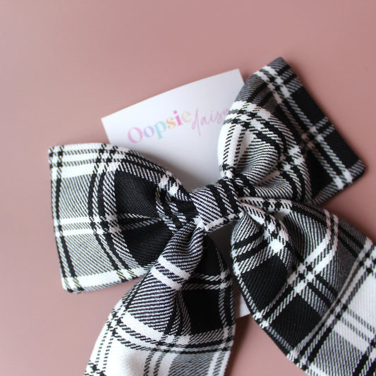 Black and white monochrome plaid tartan hair bow