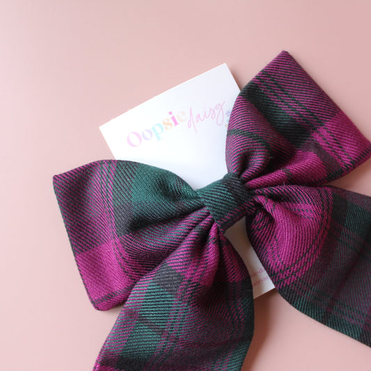 Lindsay pink and green plaid tartan hair bow