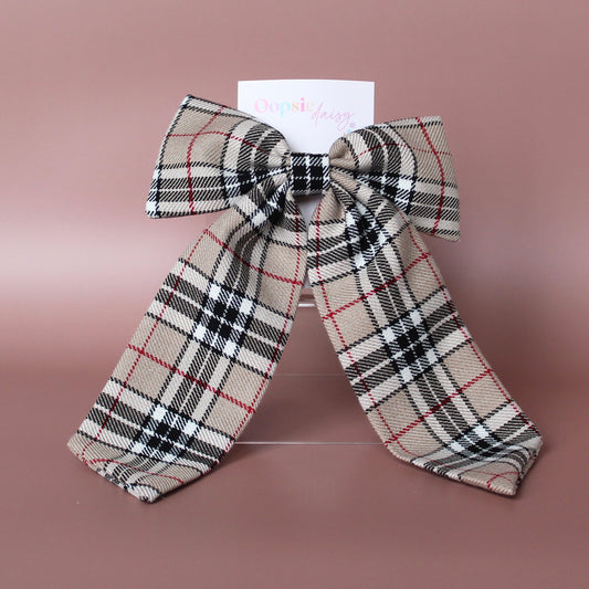 Beige and black tartan plaid hair bow