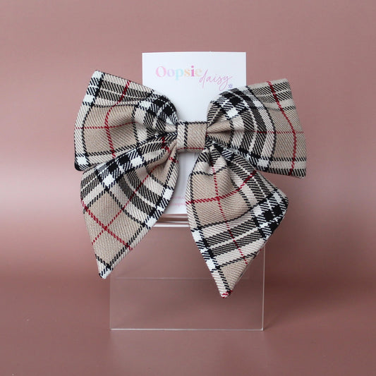 Plaid tartan hair bow in beige and black