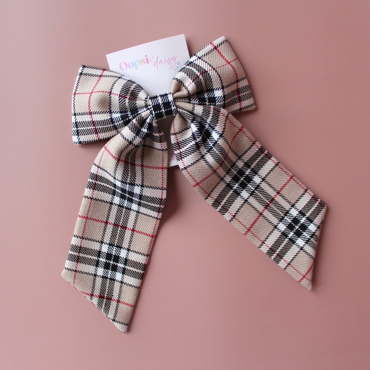 Beige and black tartan plaid hair bow