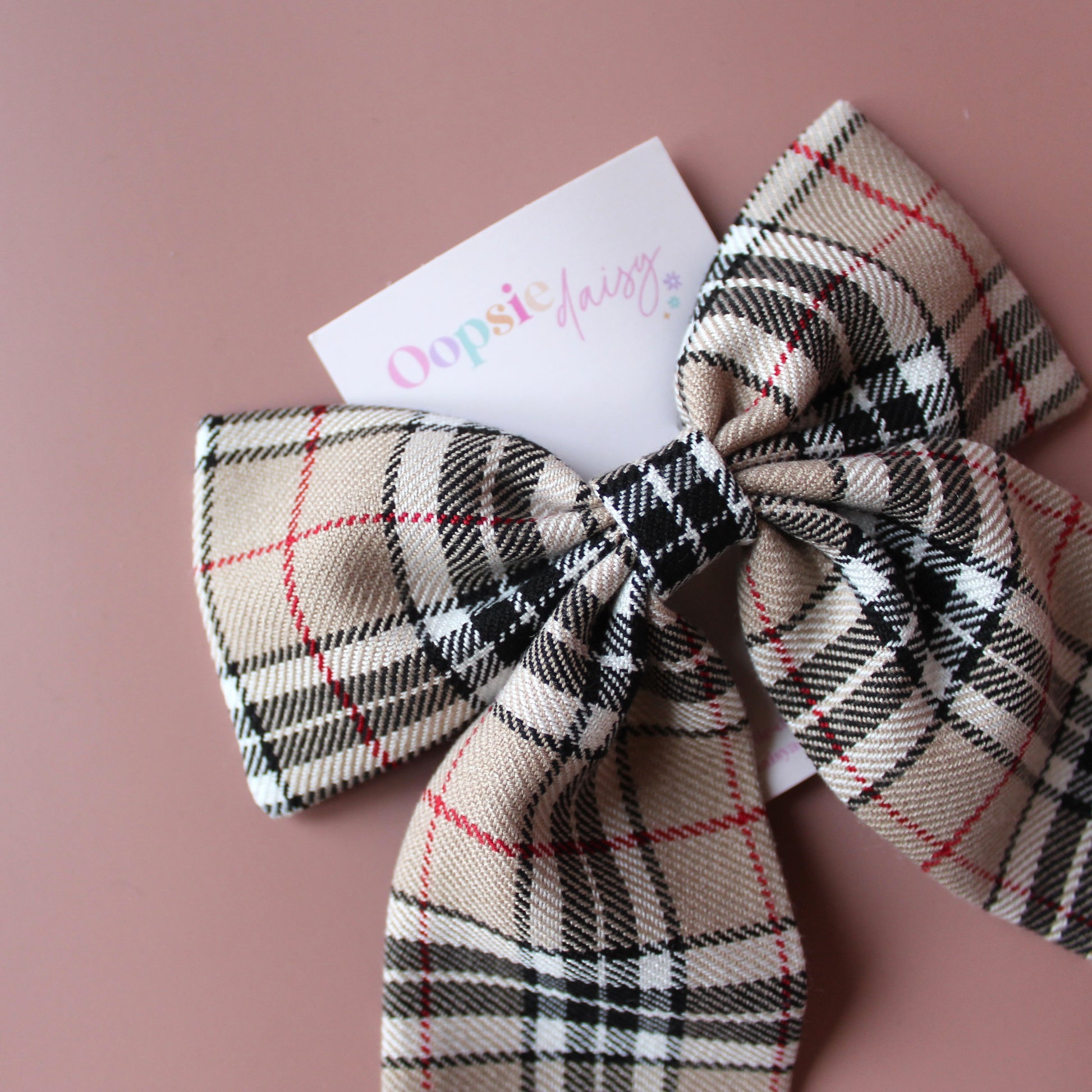 Beige and black tartan plaid hair bow