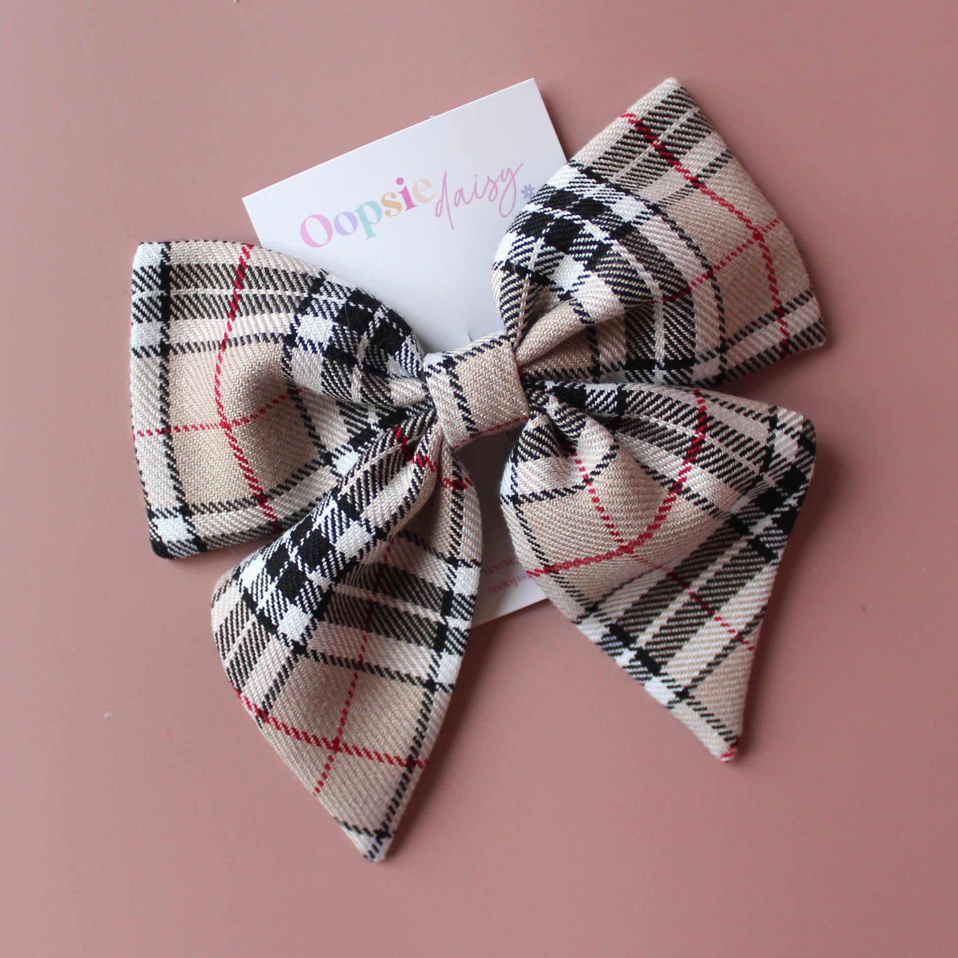 Plaid tartan hair bow in beige and black
