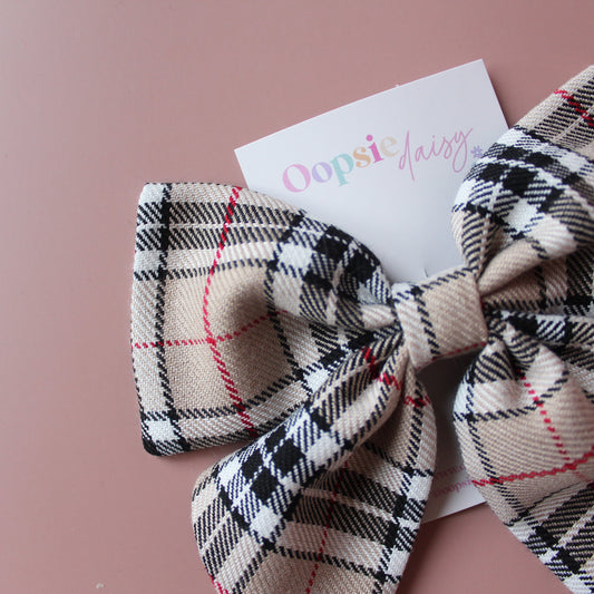 Plaid tartan hair bow in beige and black