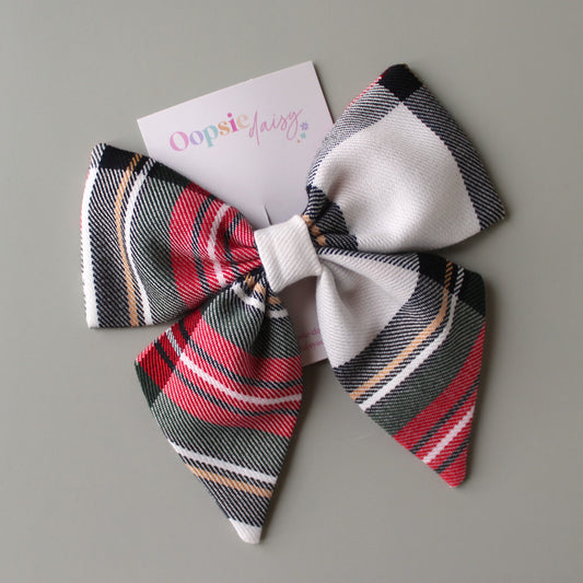 Dress Stewart red and white tartan plaid hair bow