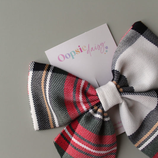 Dress Stewart red and white tartan plaid hair bow