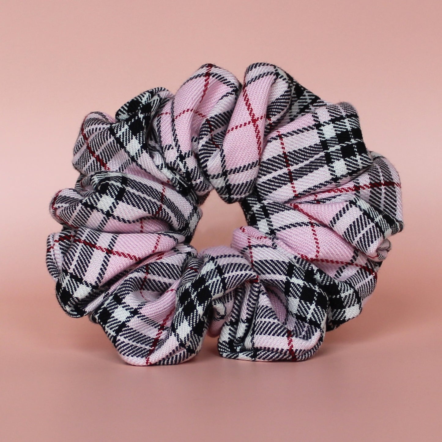 Pink and black tartan plaid oversized hair scrunchie