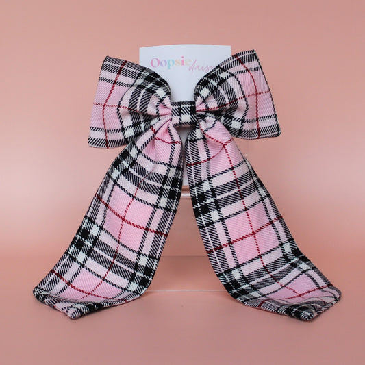 Pink and black long tartan plaid hair bow