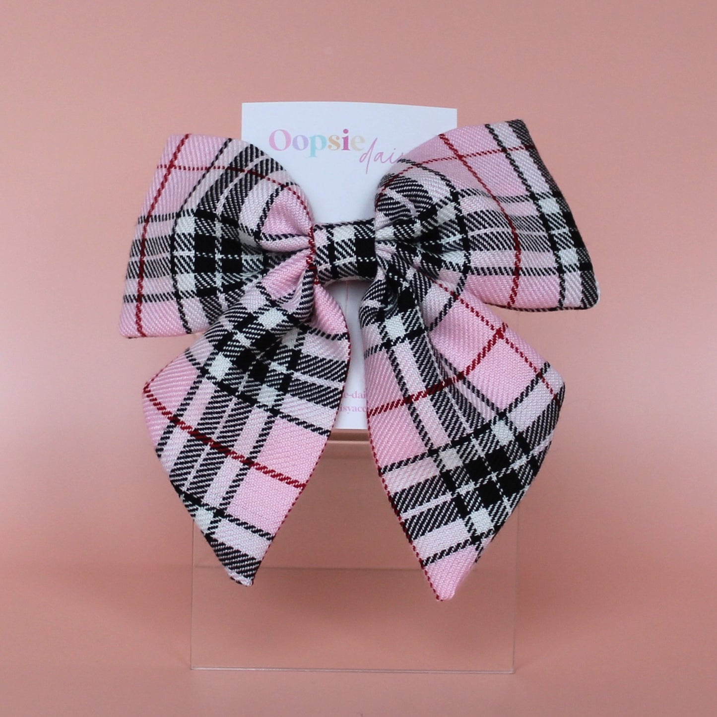 Plaid tartan hair bow in black and pink
