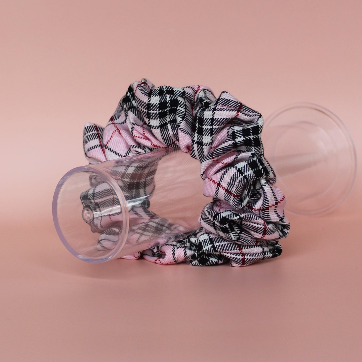 Pink and black tartan plaid oversized hair scrunchie