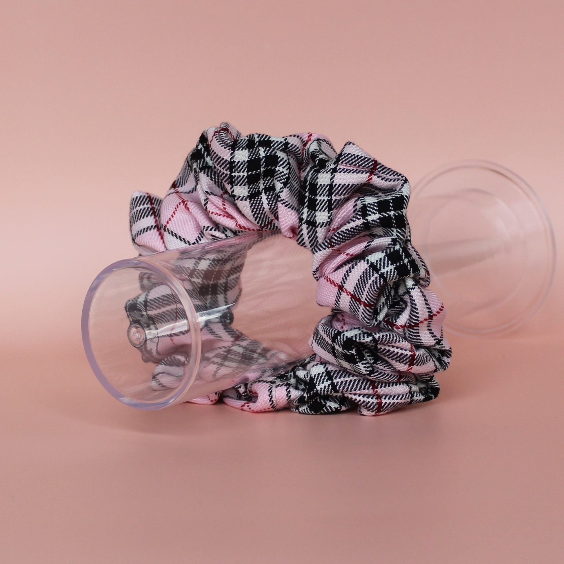 Pink and black tartan plaid oversized hair scrunchie