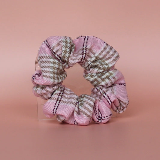 Pink and beige plaid tartan hair scrunchie