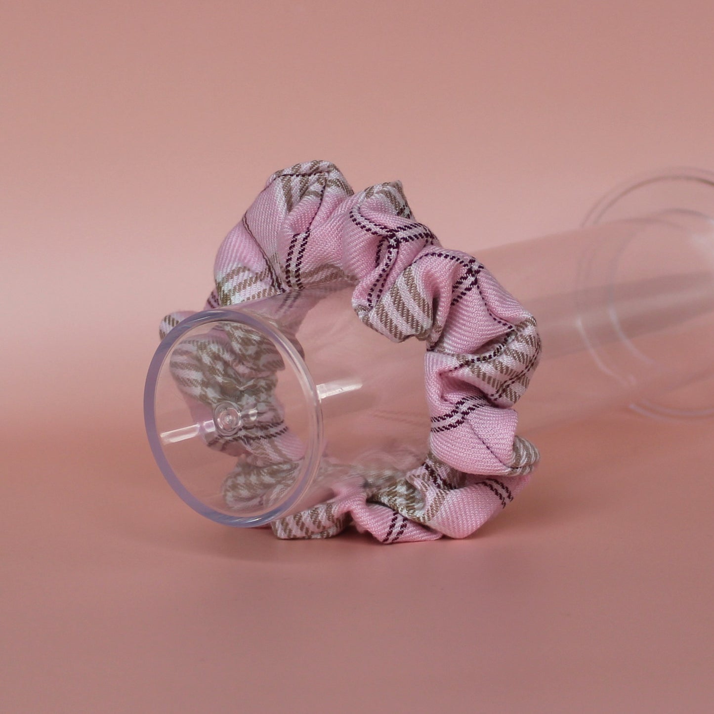 Pink and beige plaid tartan hair scrunchie