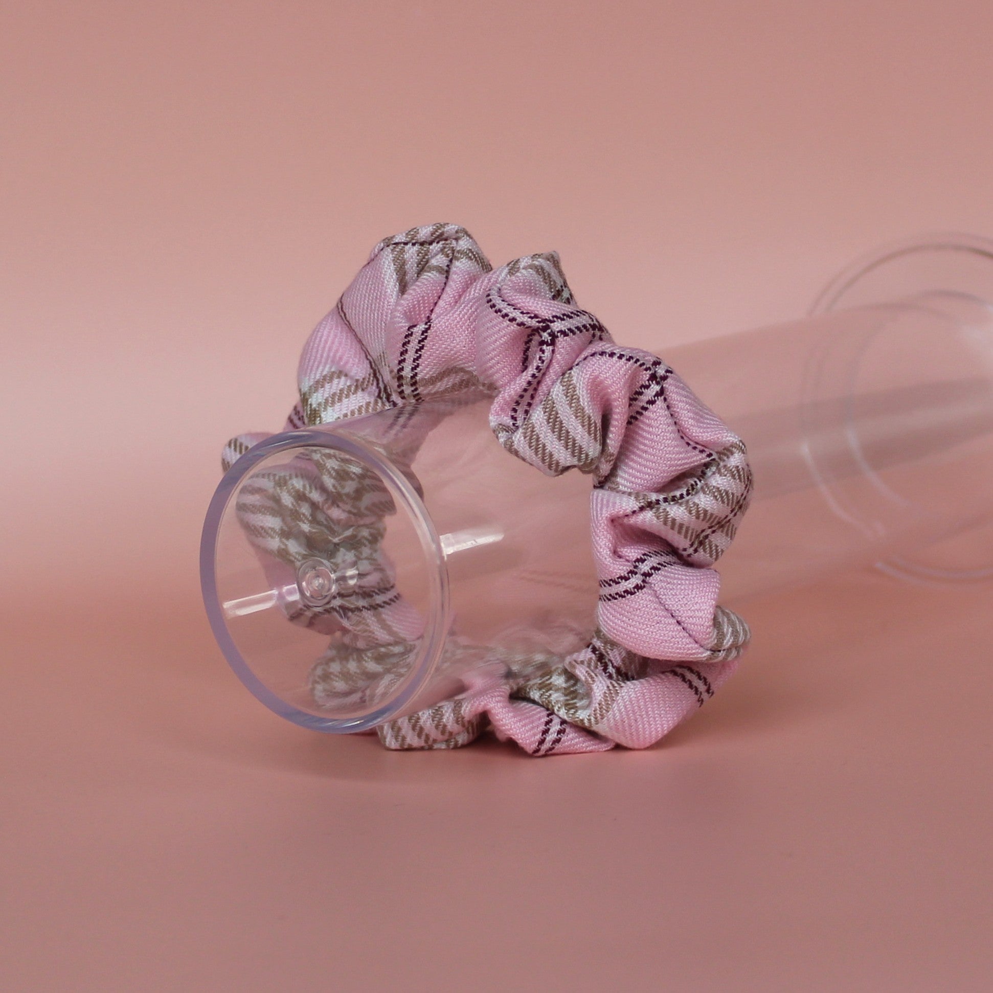 Pink and beige plaid tartan hair scrunchie