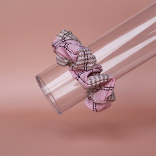 Pink and beige plaid tartan hair scrunchie