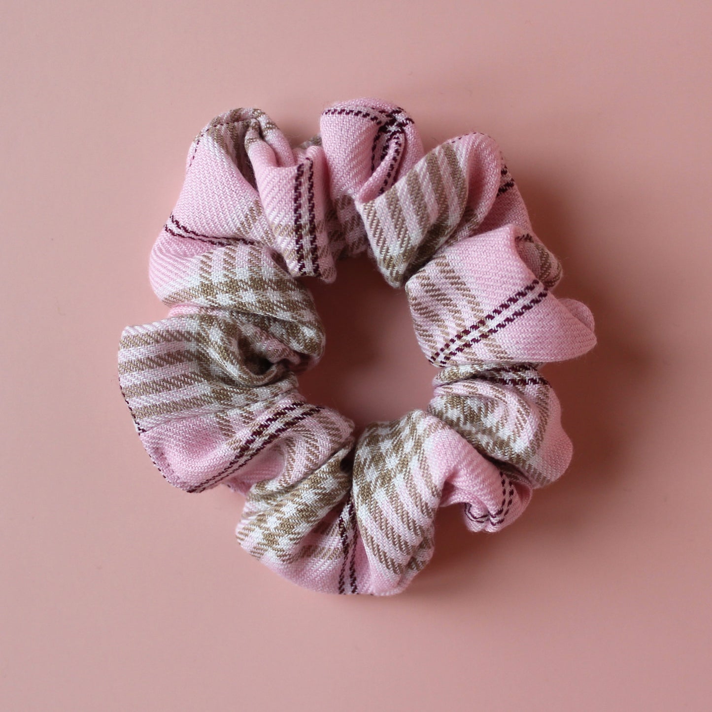 Pink and beige plaid tartan hair scrunchie