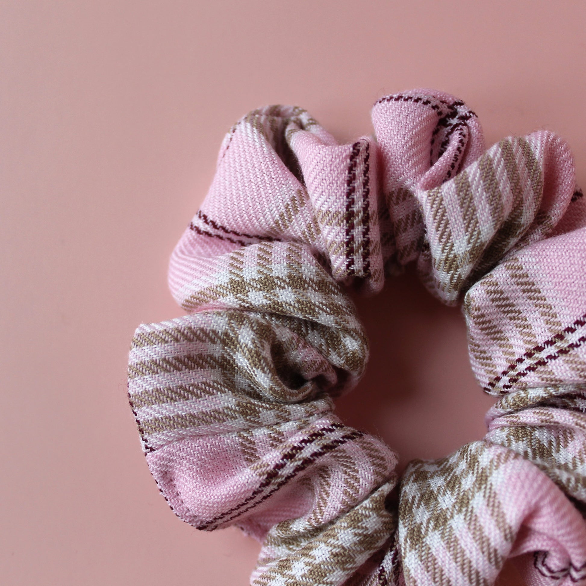 Pink and beige plaid tartan hair scrunchie