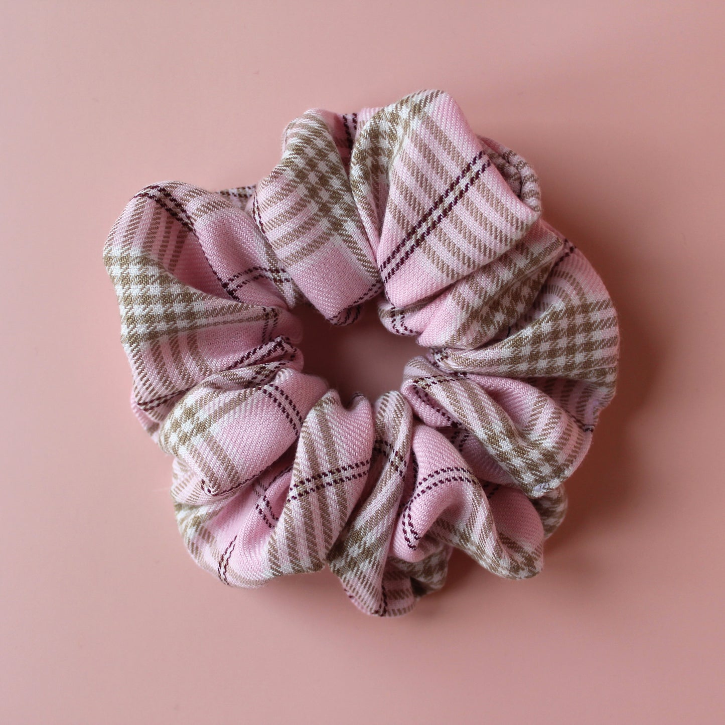 Pink & Beige Tartan Scrunchie - Oversized