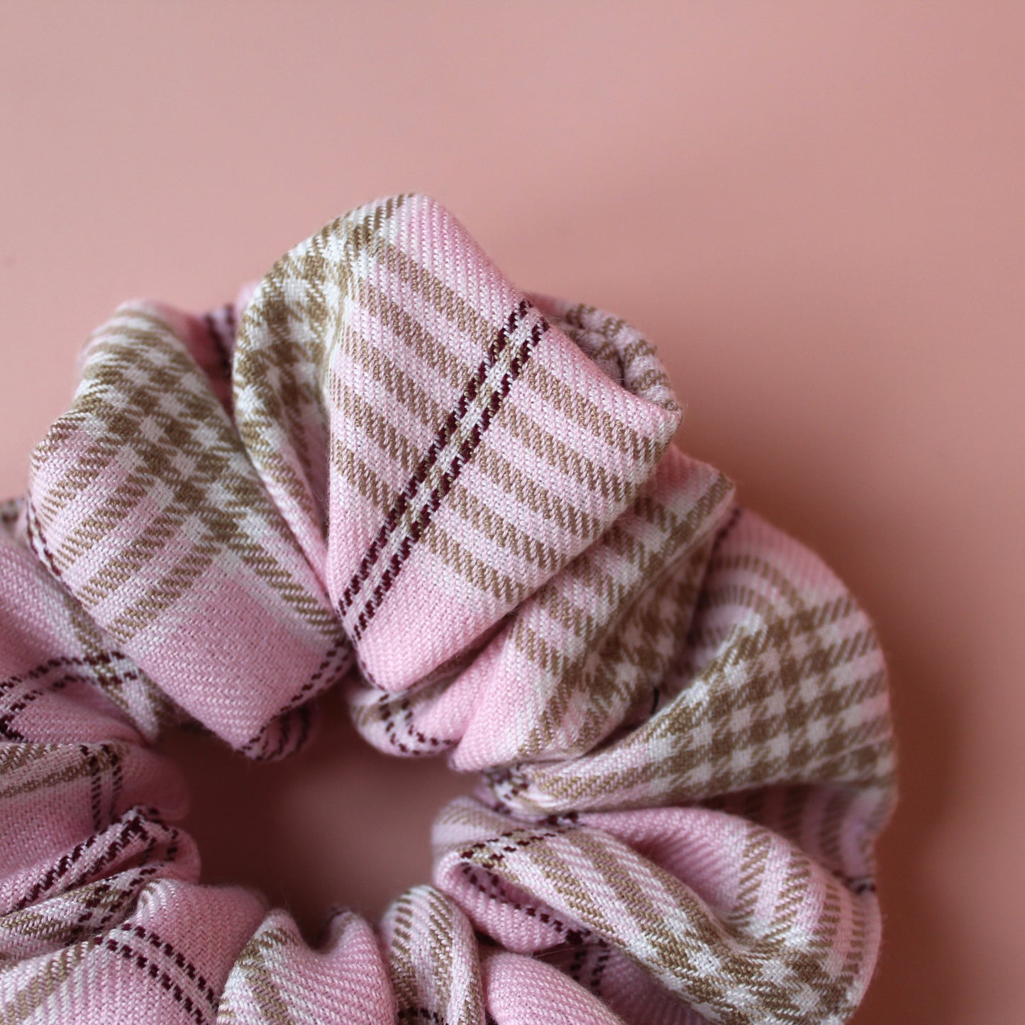 Pink & Beige Tartan Scrunchie - Oversized