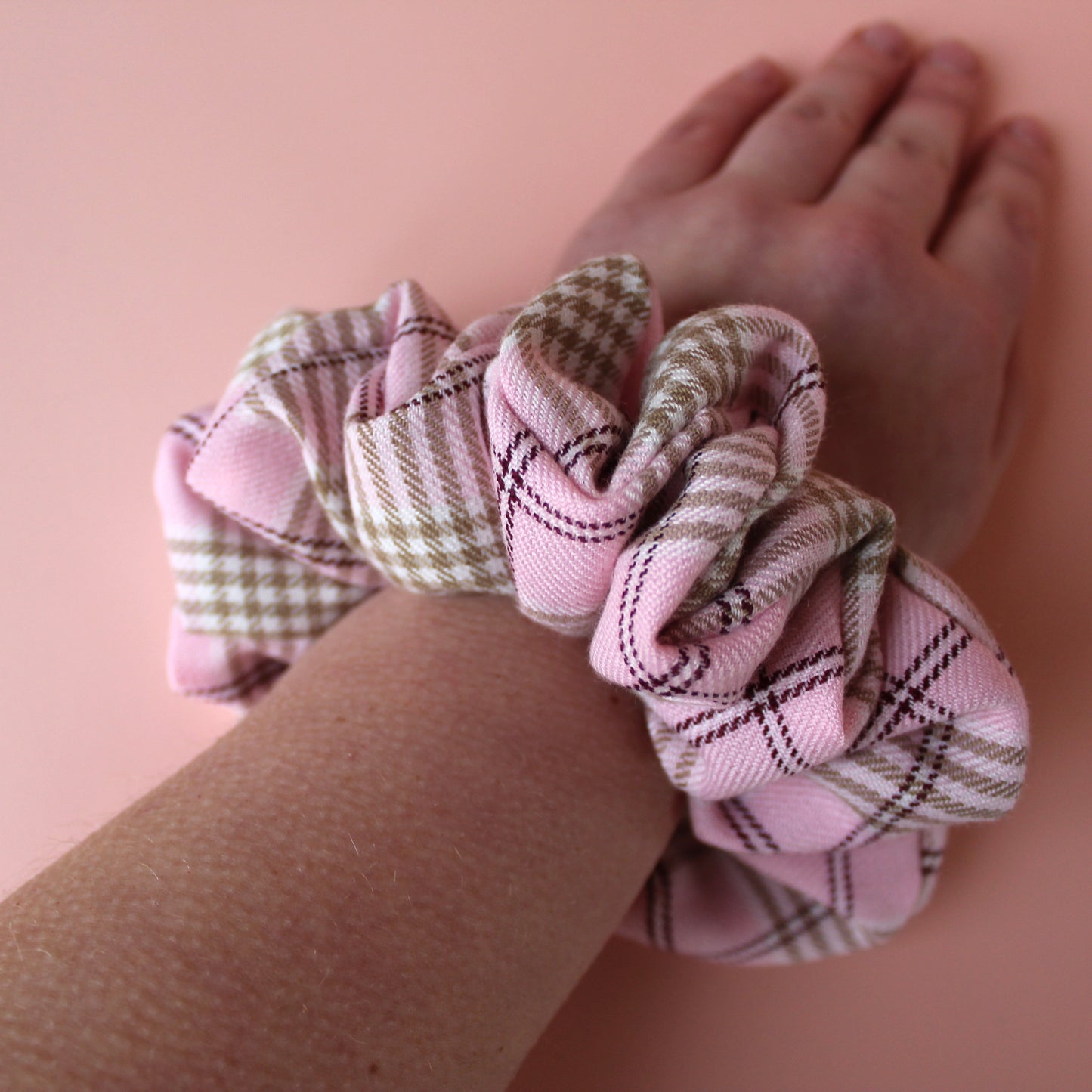 Pink & Beige Tartan Scrunchie - Oversized