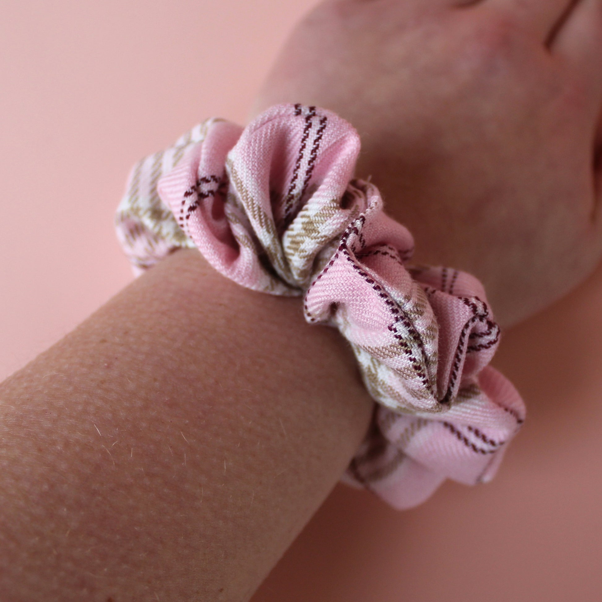 Pink and beige plaid tartan hair scrunchie