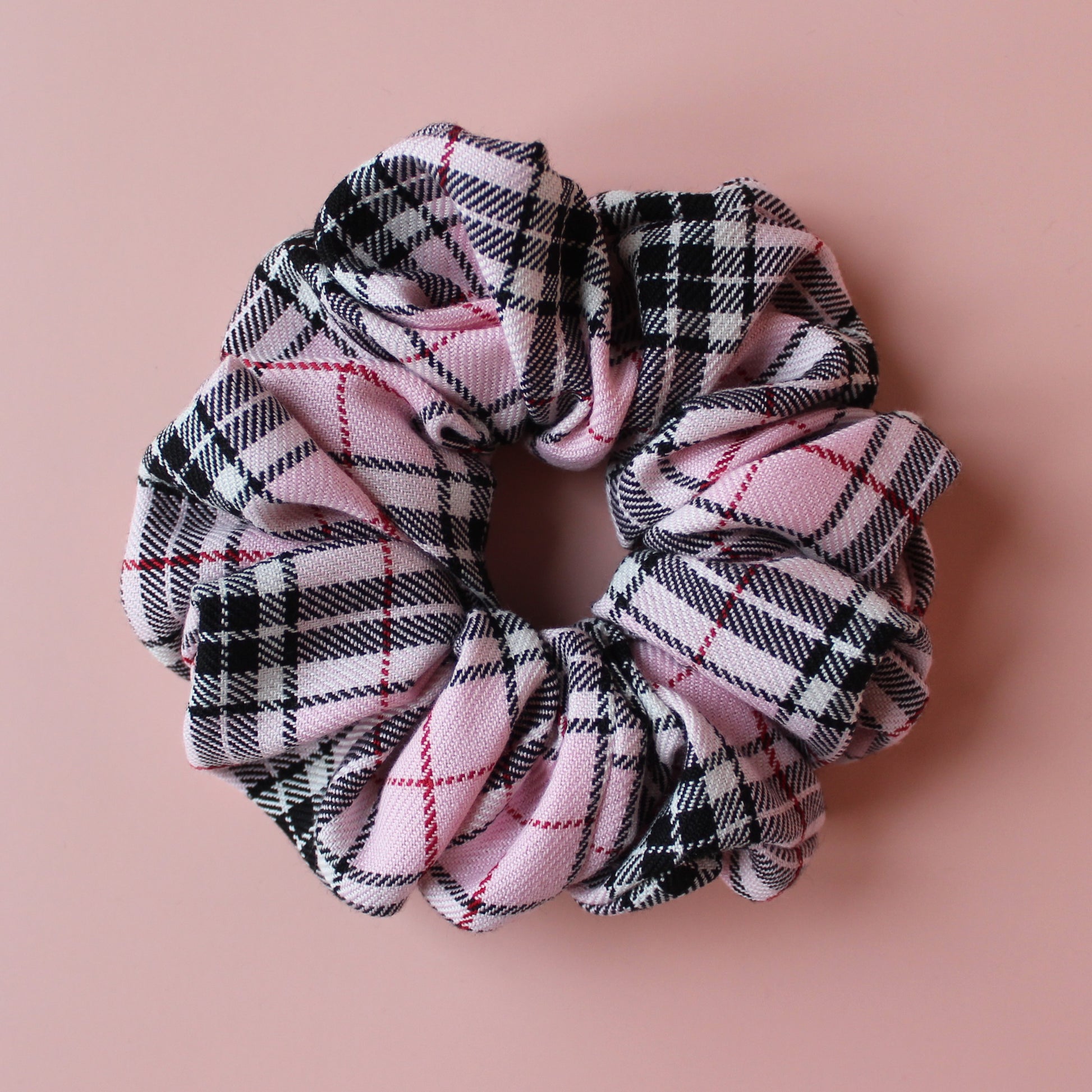Pink and black tartan plaid oversized hair scrunchie