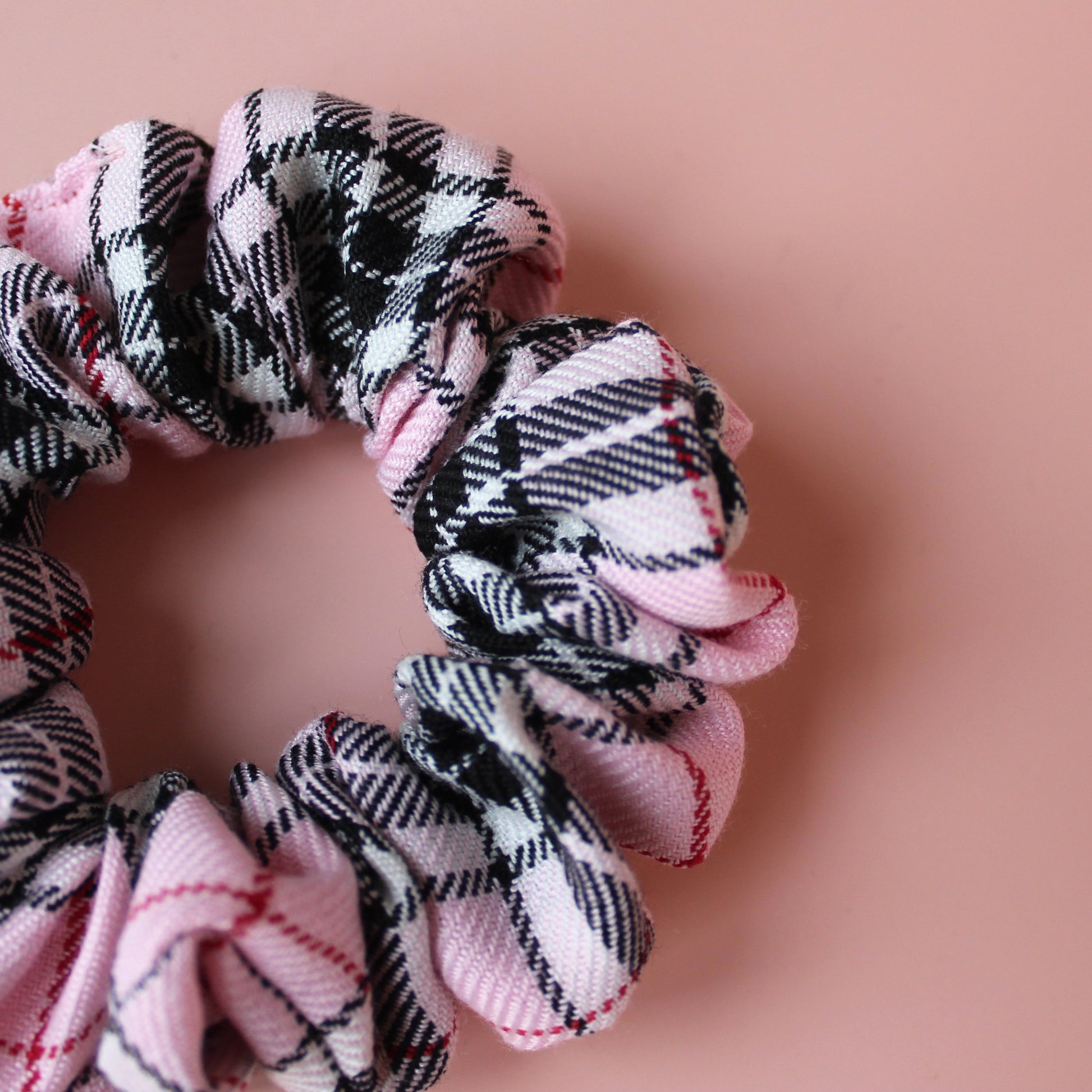 Pink and black tartan plaid hair scrunchie
