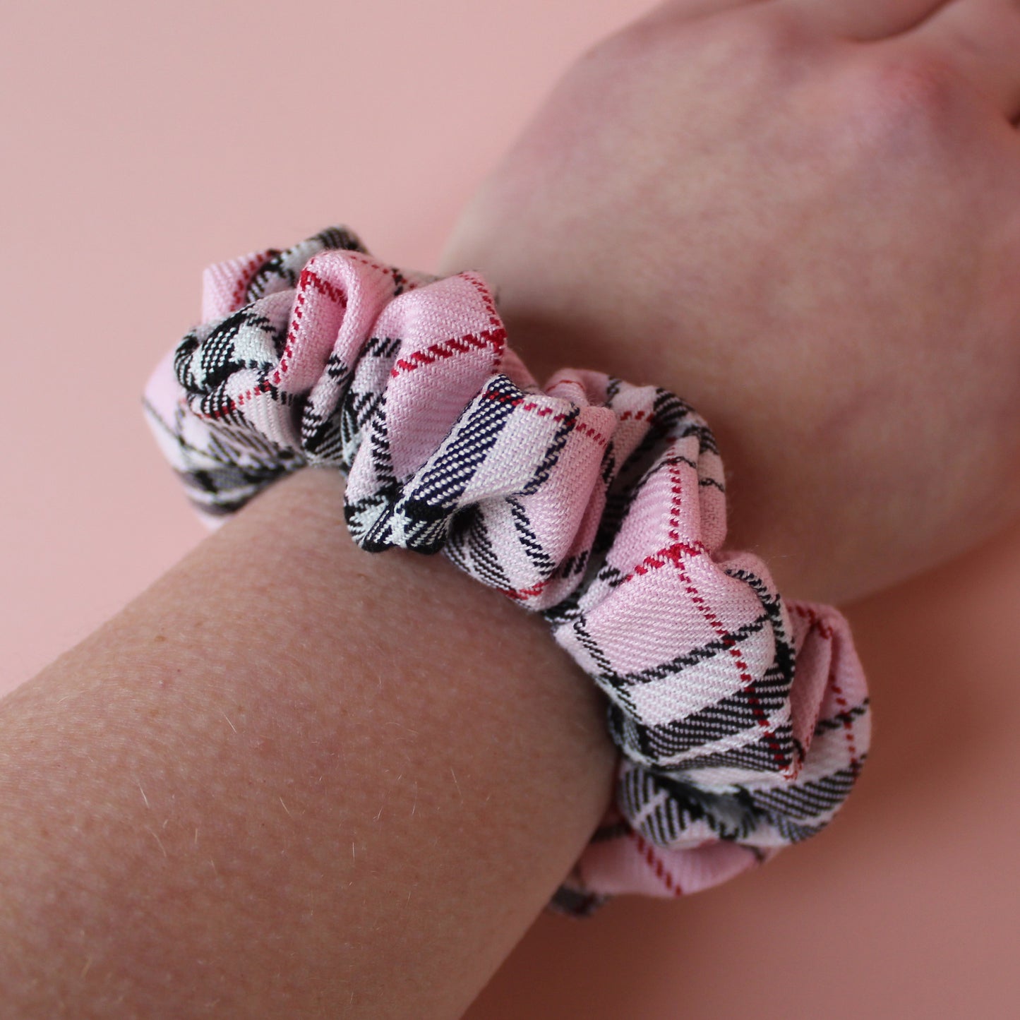 Pink and black tartan plaid hair scrunchie