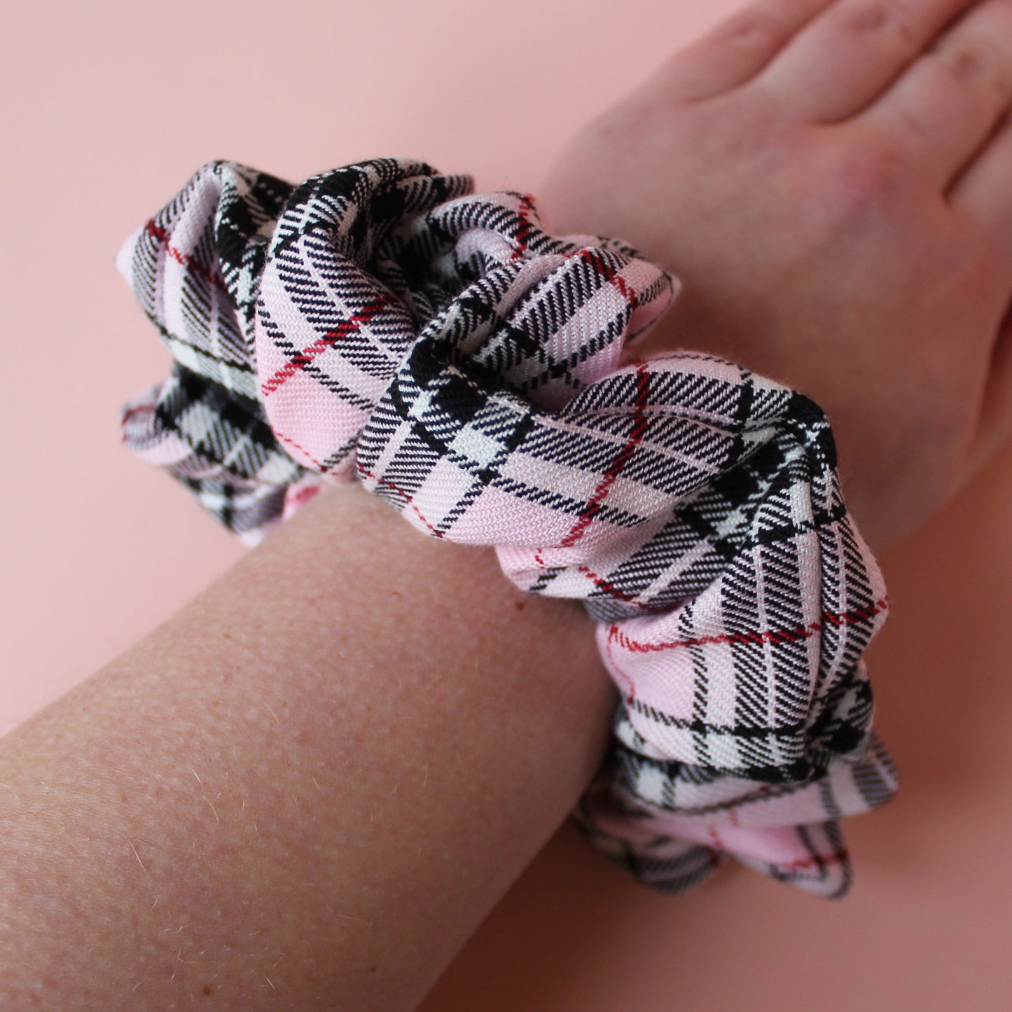 Pink and black tartan plaid oversized hair scrunchie