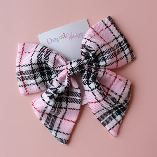 Plaid tartan hair bow in black and pink