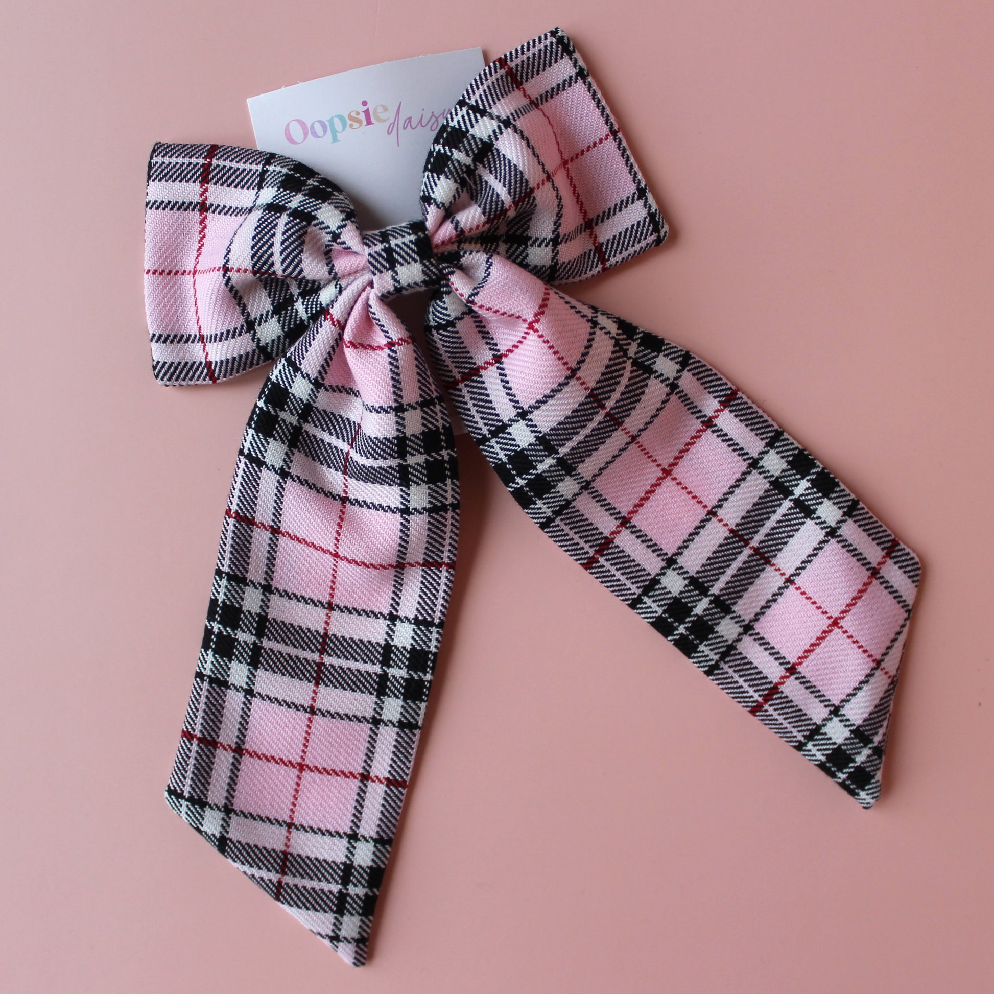 Pink and black long tartan plaid hair bow