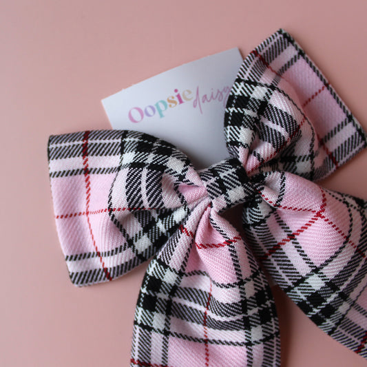 Pink and black long tartan plaid hair bow