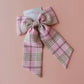 Pink and beige long tartan plaid hair bow
