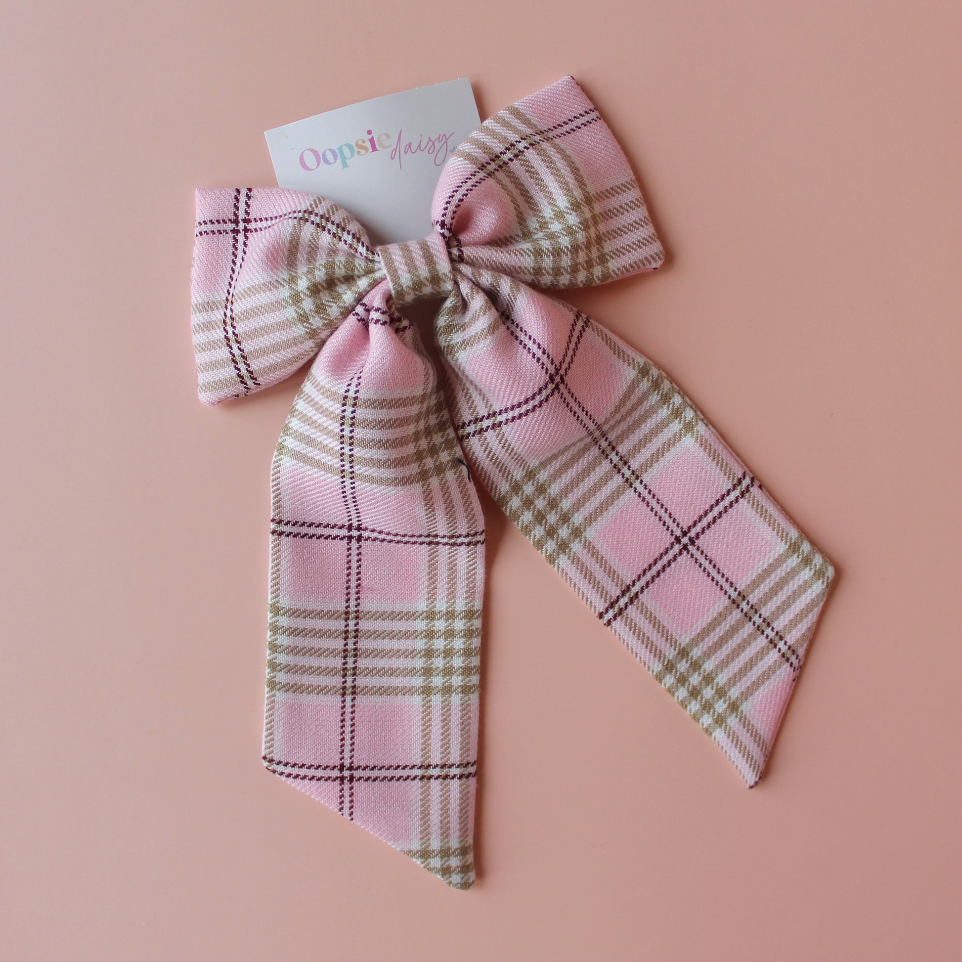 Pink and beige long tartan plaid hair bow