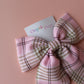 Pink and beige long tartan plaid hair bow