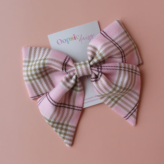 Pink and beige plaid tartan hair bow