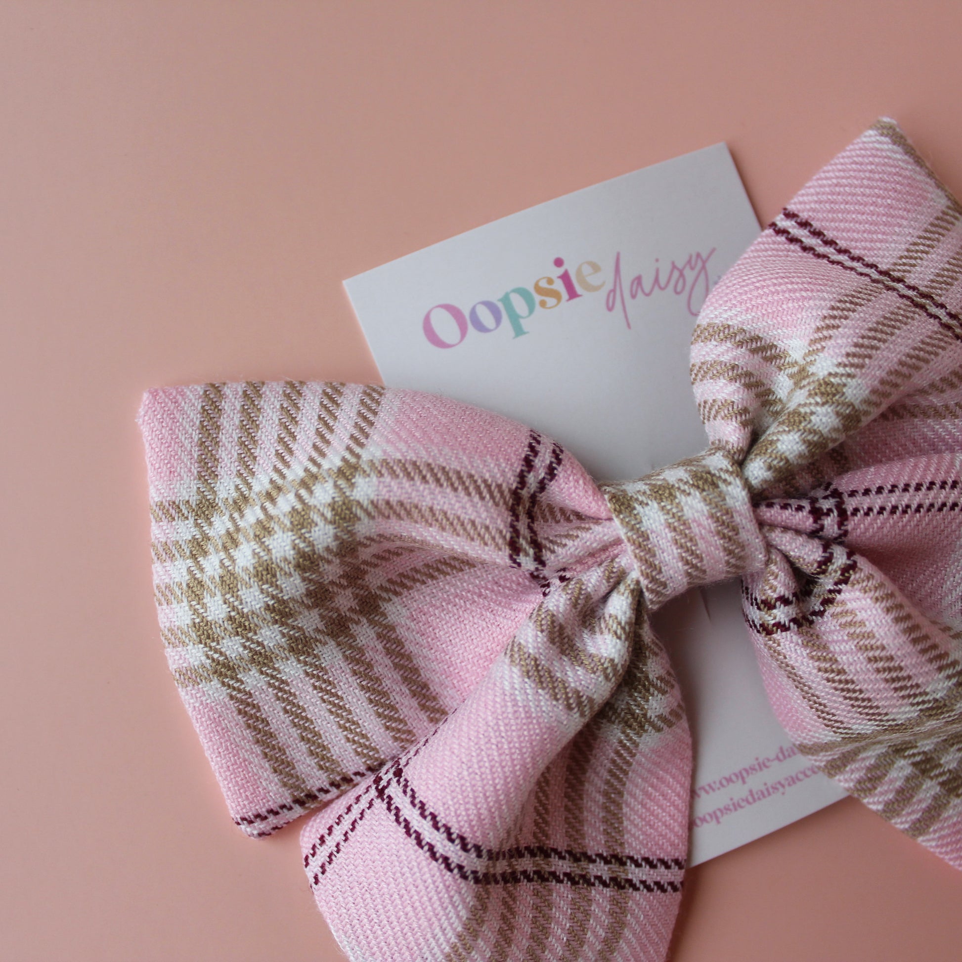 Pink and beige plaid tartan hair bow