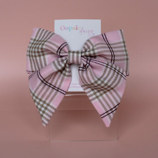 Pink and beige plaid tartan hair bow