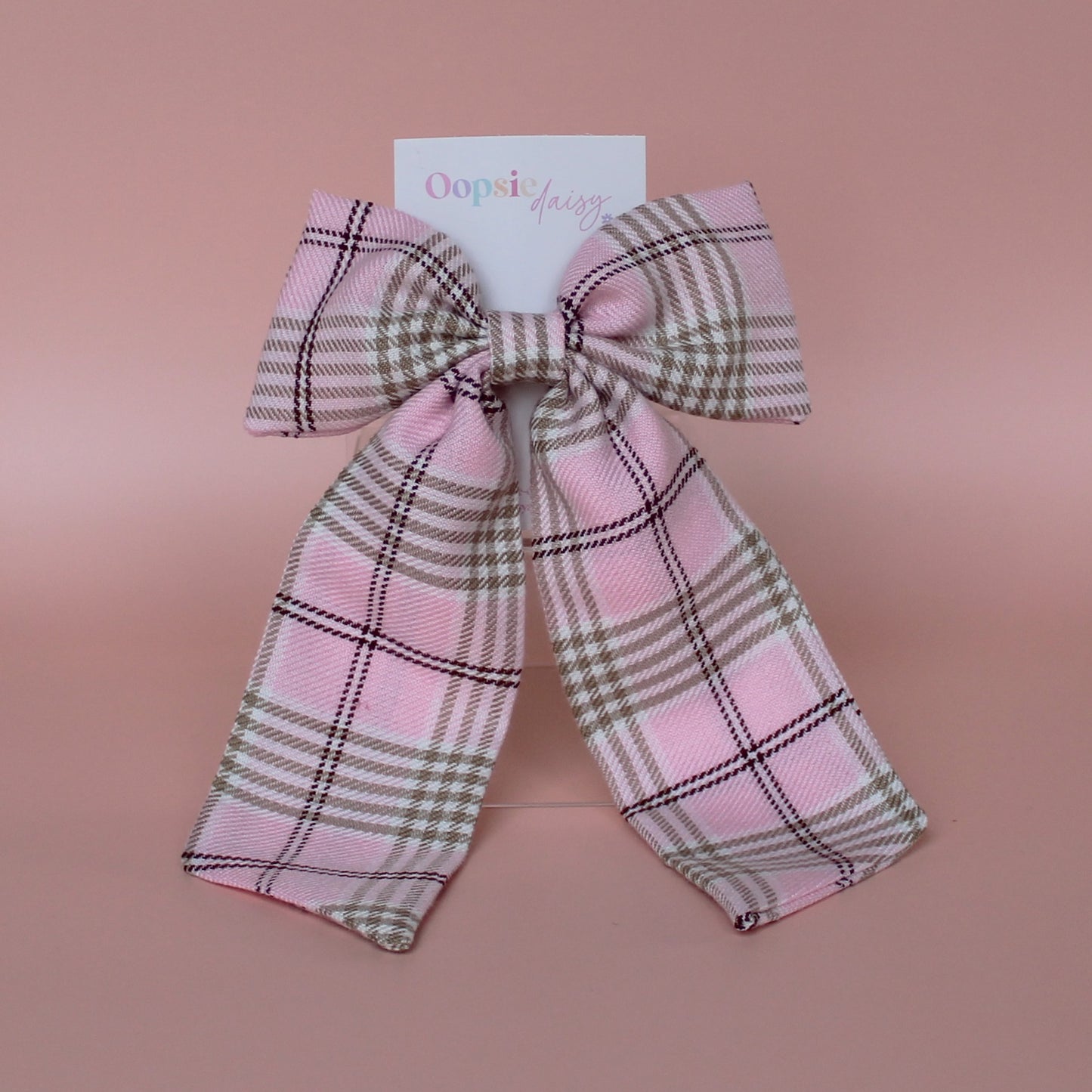 Pink and beige long tartan plaid hair bow