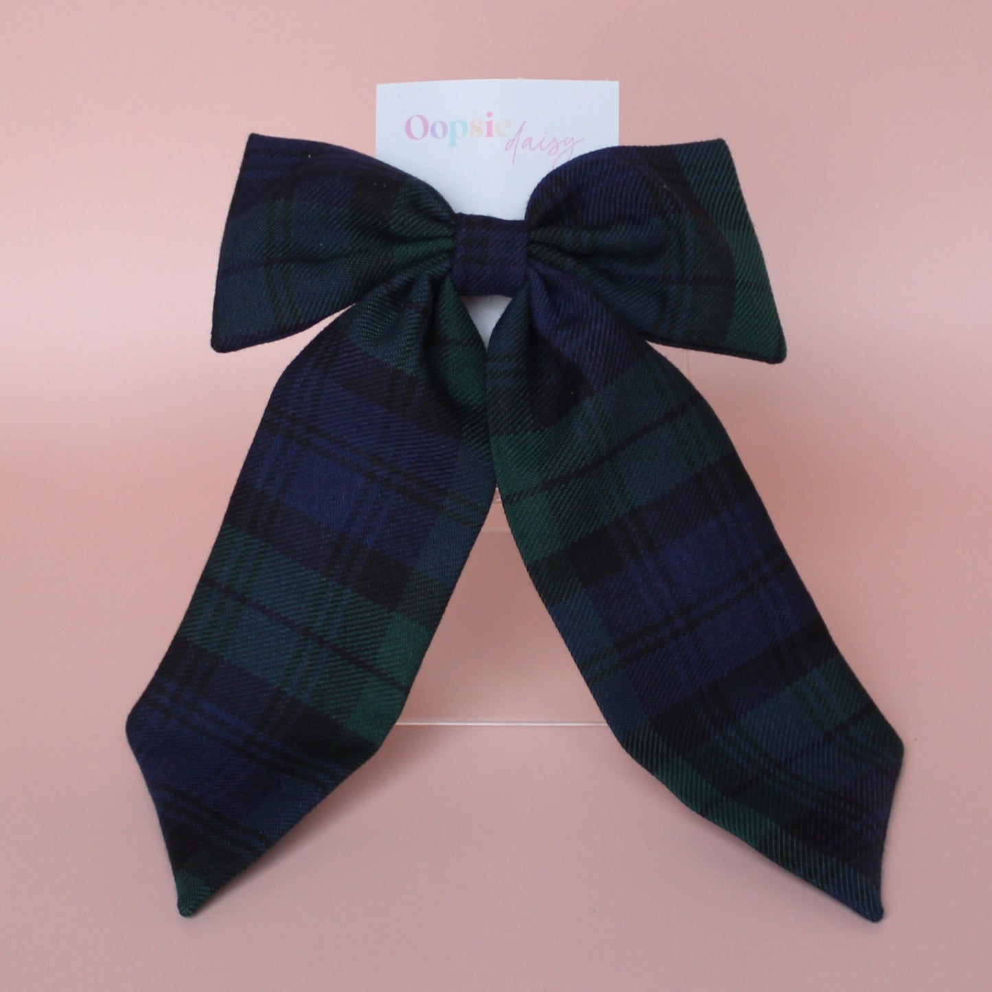 Black Watch tartan hair bow in dark navy and dark green plaid